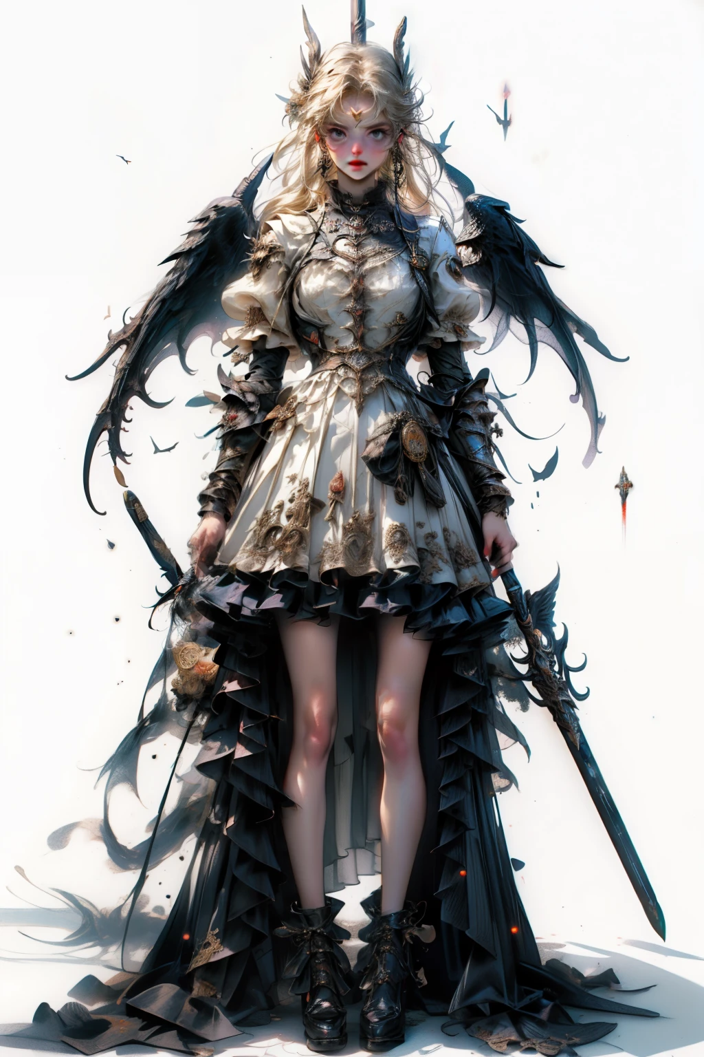 ((best quality)), ((masterpiece)), (detailed), blank white background, plain background, white background, Bloodborne inspired,  occult aesthetic, occult, detailed and intricate steampunk and detailed gothic, NSFW, Very dramatic and cinematic lighting, cosmic horror, grim-dark, side-lighting, perfect face, a beaituful goddess valkyrie adorned and enshrined in armour, Bloodborne inspired valkyrie, occult aesthetic valkyrie, occult valkyrie, detailed and intricate steampunk and detailed gothic valkyrie, wielding a sword and shield, NSFW, Fluttering lace flared long knee length dress with frilly petticoats, knee length dress, pleated petticoats, lolita dress, petticoats gothic lolita, side-lighting, gothic lolita aesthetic, beautiful small breasts, small breasts, full body, whole body, body, plain background, white background, blank background, no background, white background