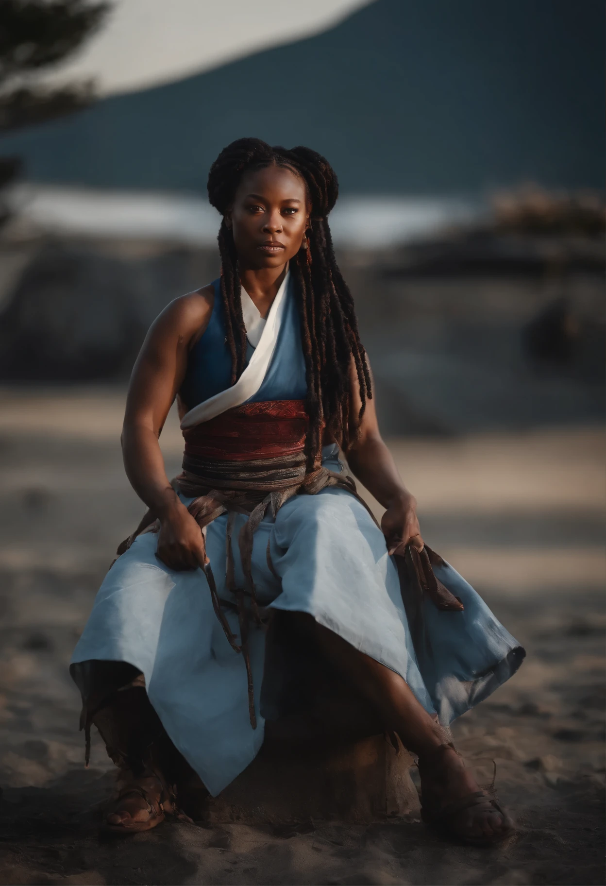 Create the image of a black samurai woman, with braided dreadlocks, modern hair posing in Japan with a beautiful sunset and covered in blood in white blue and white , with full body view