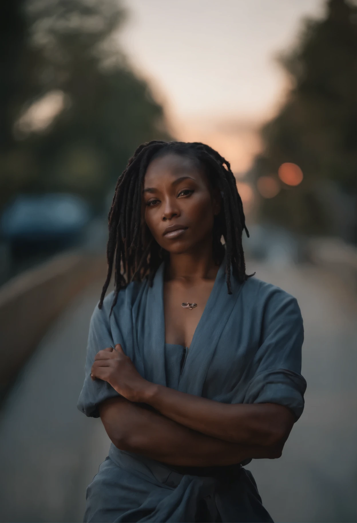  Create the image of a black samurai woman, with braided dreadlocks, modern hair posing in Japan with a beautiful sunset and covered in blood in white  blue and white , with full body view