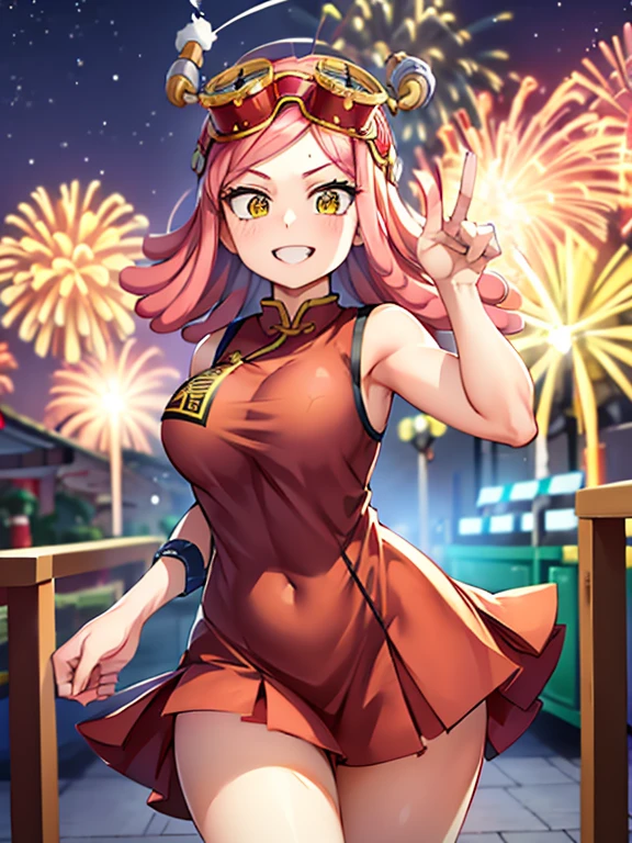 hatsume mei(mha), 1girl solo,pink hair,short hair,goggles on head, chinese clothes,bangs,symbol-shaped pupils, yellow eyes, happy, looking at viewer, outdoors,fireworks,night time,festival, depth of field, fair, perfect face, curvy, highres, leg cutout,cowboy shot,