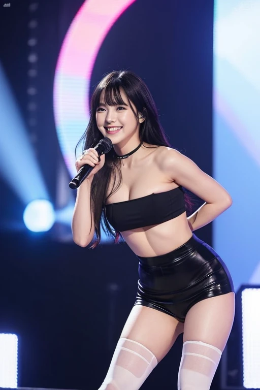 An Yujin in IVE girl group woman, very long hair, black hair, flat bangs hair, sexy woman, K-pop singer, smiling, single woman, large breasts, plain white tight strapless tube top, plain black tight short legging pants, plain white heels, sexy pose hot, concert stage scene