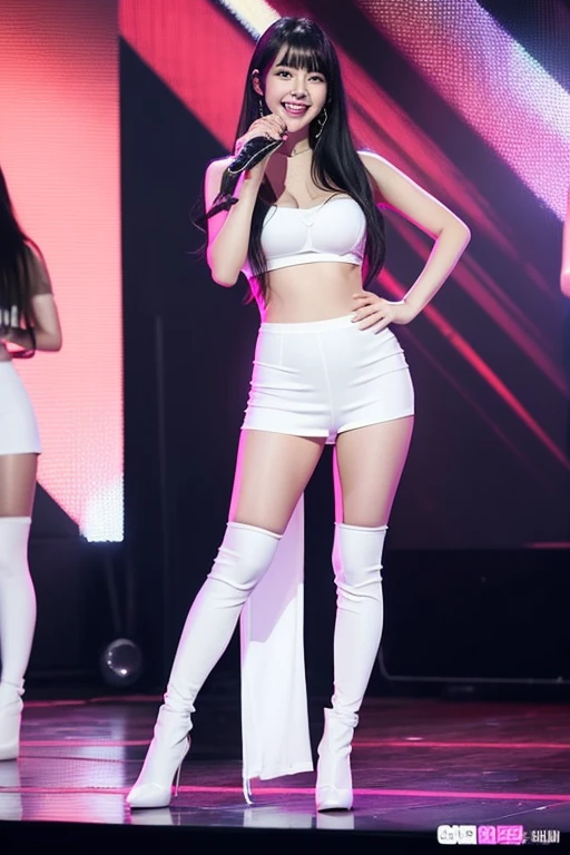An Yujin in IVE girl group woman, very long hair, black hair, flat bangs hair, sexy woman, K-pop singer, smiling, single woman, large breasts, plain white tight strapless tube top, plain black tight short legging pants, plain white heels, sexy pose hot, concert stage scene
