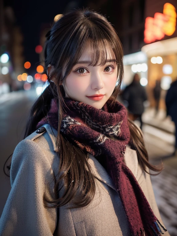 (Wearing a winter uniform and scarf coat、Close-up portrait of a long-haired girl with blunt bangs:1.4)、(A street corner on a snowy winter night and Christmas illuminations:1.2)、(Perfect Anatomy:1.3)、(No mask:1.3)、(Full Finger:1.3)、Realistic、photograph、Tabletop、highest quality、High resolution, Delicate and beautiful、Perfect Face、Beautiful fine details、Fair skin、Real human skin、pores、((Thin legs))、(Black Hair, ponytail)