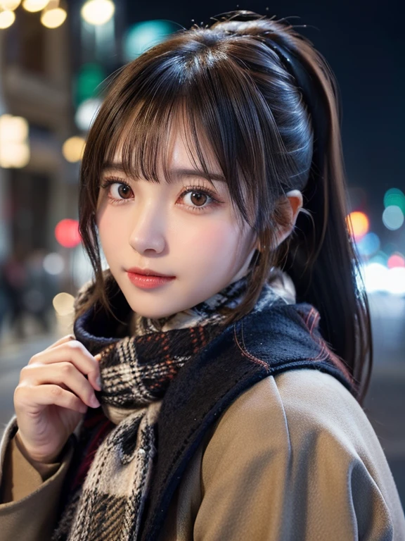 (Wearing a winter uniform and scarf coat、Close-up portrait of a long-haired girl with blunt bangs:1.4)、(A street corner on a snowy winter night and Christmas illuminations:1.2)、(Perfect Anatomy:1.3)、(No mask:1.3)、(Full Finger:1.3)、Realistic、photograph、Tabletop、highest quality、High resolution, Delicate and beautiful、Perfect Face、Beautiful fine details、Fair skin、Real human skin、pores、((Thin legs))、(Black Hair, ponytail)
