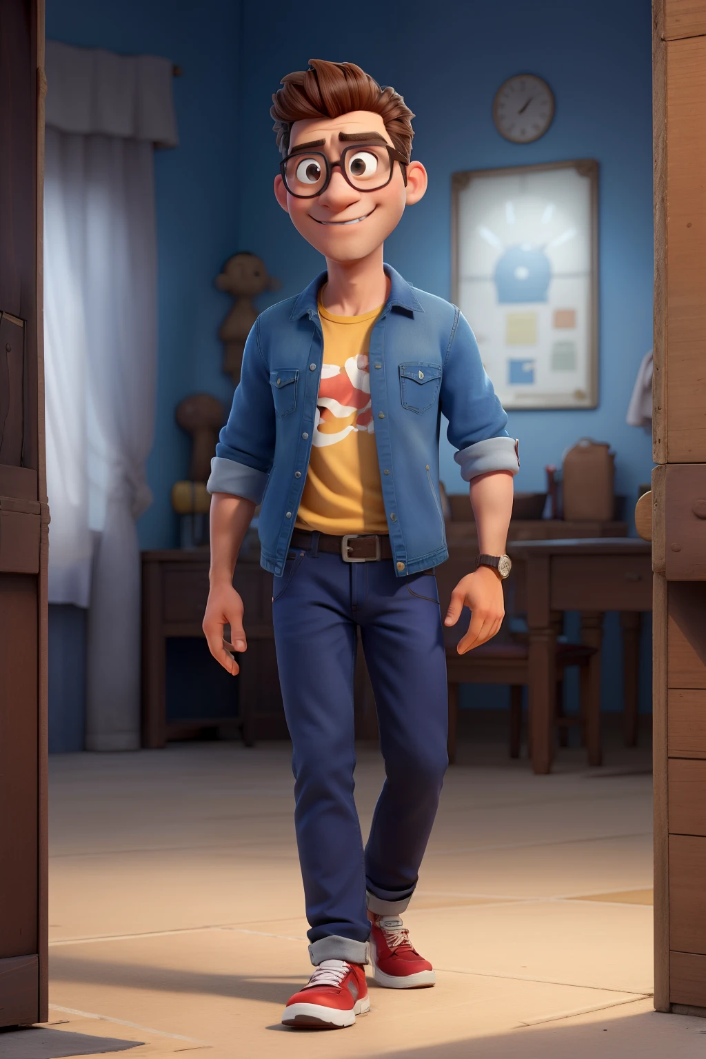 Hombre maduro, con barba, pelo canoso, piel morena, con lentes, gordo, caminando dentro de museo, jeans azules playera amarilla, sonriente, ((mejor calidad)), , (detallado), cara perfecta en sus manos lleva un cuaderno y en la otra una coca cola

