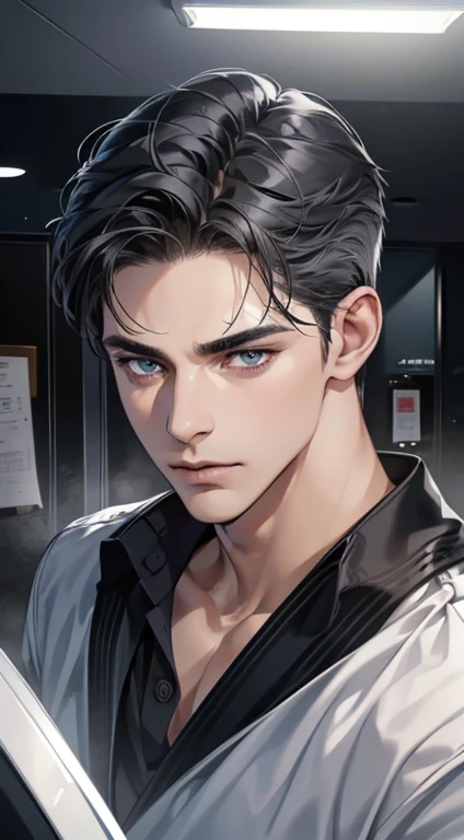 (best quality, masterpiece, 8K, photorealistic, cinematic lighting, hdr image, ultra detailed, beautiful image), 1 man, 31 years old, mature man, very handsome, (without expression, serious), short black hair, blue grey eyes ( penetrating gaze), perfect face without errors, imposing posture, without errors, businessman, office background