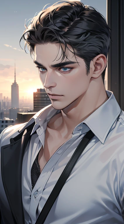 (best quality, masterpiece, 8K, photorealistic, cinematic lighting, hdr image, ultra detailed, beautiful image), 1 man, 31 years old, mature man, very handsome, (without expression, serious), short black hair, blue grey eyes ( penetrating gaze), perfect face without errors, imposing posture, without errors, businessman, office background