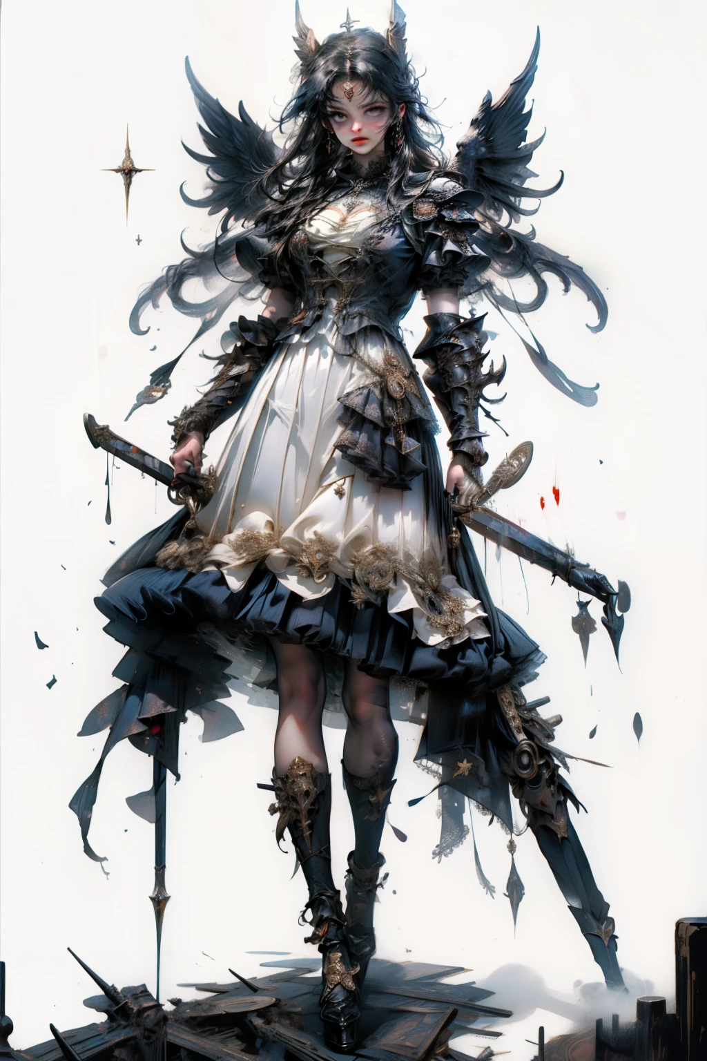 ((best quality)), ((masterpiece)), (detailed), blank white background, plain background, white background, Bloodborne inspired, occult aesthetic, occult, detailed and intricate steampunk and detailed gothic, NSFW, Very dramatic and cinematic lighting, cosmic horror, grim-dark, side-lighting, perfect face, a beaituful goddess valkyrie adorned and enshrined in armour, Bloodborne inspired valkyrie, occult aesthetic valkyrie, occult valkyrie, detailed and intricate steampunk and detailed gothic valkyrie, wielding a sword and shield, NSFW, Fluttering lace flared long knee length dress with frilly petticoats, knee length dress, pleated petticoats, ta dress, petticoats gothic loliside-lighting, gothic lolita aetic, beautiful small breasts, small breasts, full body, whole body, body, plain background, white background, blank background, no background, white background