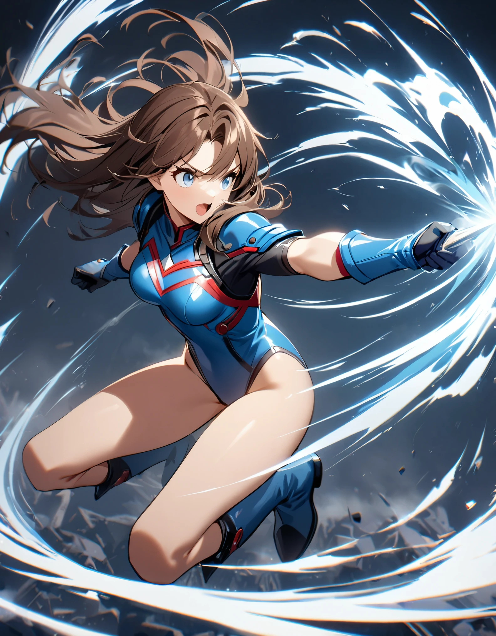 1girl, solo, solo focus, female superhero, medium breasts, leotard, red and blue leotard, bare legs, boots, matching boots, gloves, matching gloves, brown hair, blue-grey eyes, full body. (legs straight). (she spins) at an (incredible speed), creating a whirlwind of air around her. curved sword smash. ((she spins)) into a ((tornado)).