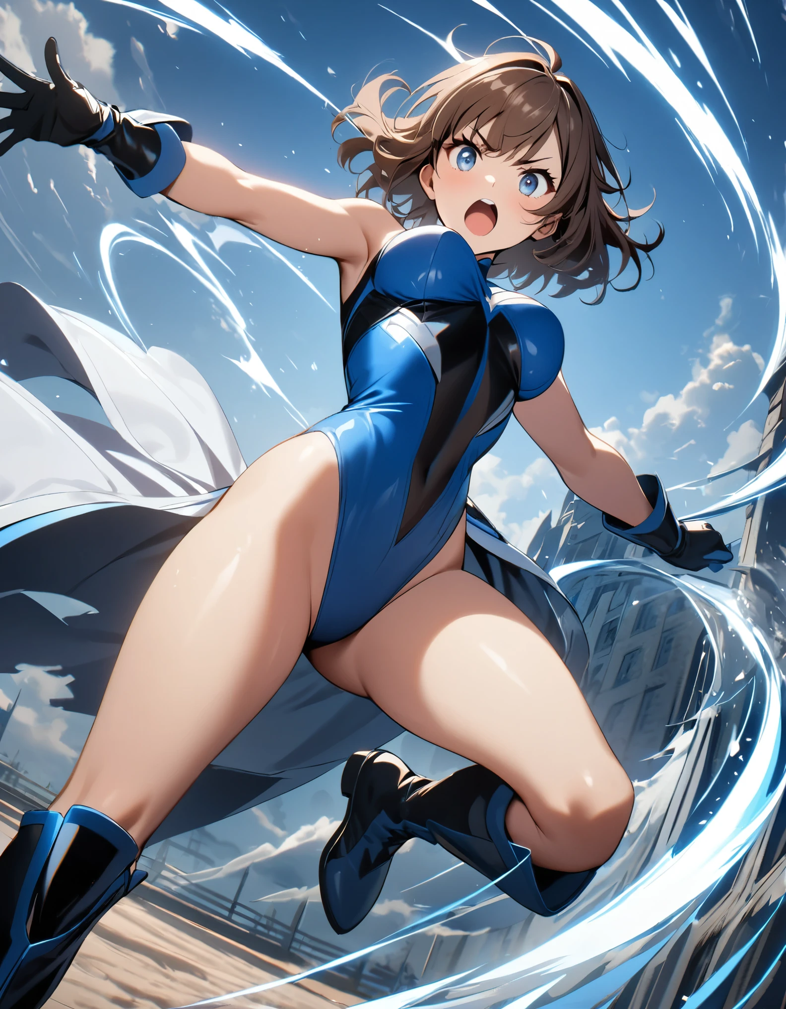 1girl, solo, solo focus, female superhero, medium breasts, leotard, red and blue leotard, bare legs, boots, matching boots, gloves, matching gloves, brown hair, blue-grey eyes, full body. (legs straight). (she spins) at an (incredible speed), creating a whirlwind of air around her. curved sword smash. ((she spins)) into a ((tornado)).