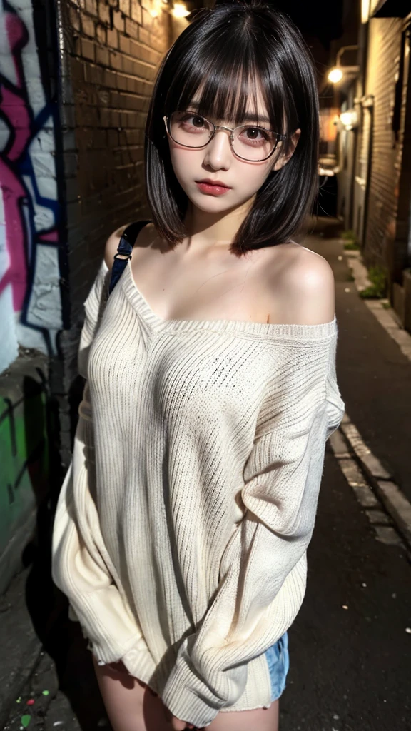 raw photo, 8k, (top-quality), Realistic, (real picture, Intricate details), (natural skin texture, detailed skin, hyper realism, sharpness), (glasses Japanese teenage girl standing in a dirty back alley at night, graffitied wall:1.3), ((white hand-knitted long sweater, v-neck sweater)), (pale skin:1.2), slender body), ((bob hair, blunt bangs)), (glasses seductive face, provocative look, Parted lips:1.3, eye shadow, eyeliner, tear bag:1.2, red lipstick), graffiti:1.5, night time, spot lighting:1.3, upper body shot