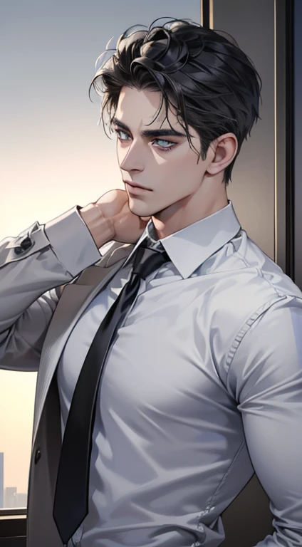 (best quality, masterpiece, 8K, photorealistic, cinematic lighting, hdr image, ultra detailed, beautiful image), 1 man, 31 years old, mature man, very handsome, (without expression, serious), short black hair, blue grey eyes ( penetrating gaze), perfect face without errors, imposing posture, without errors, businessman, office background