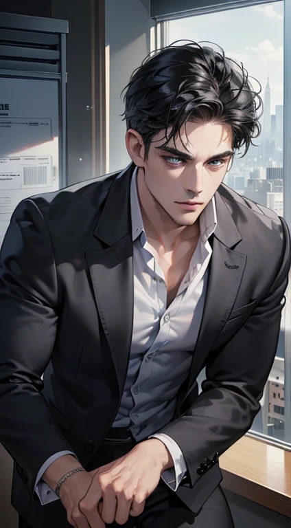 (best quality, masterpiece, 8K, photorealistic, cinematic lighting, hdr image, ultra detailed, beautiful image), 1 man, 31 years old, mature man, very handsome, (without expression, serious), short black hair, blue grey eyes ( penetrating gaze), perfect face without errors, imposing posture, without errors, businessman, office background