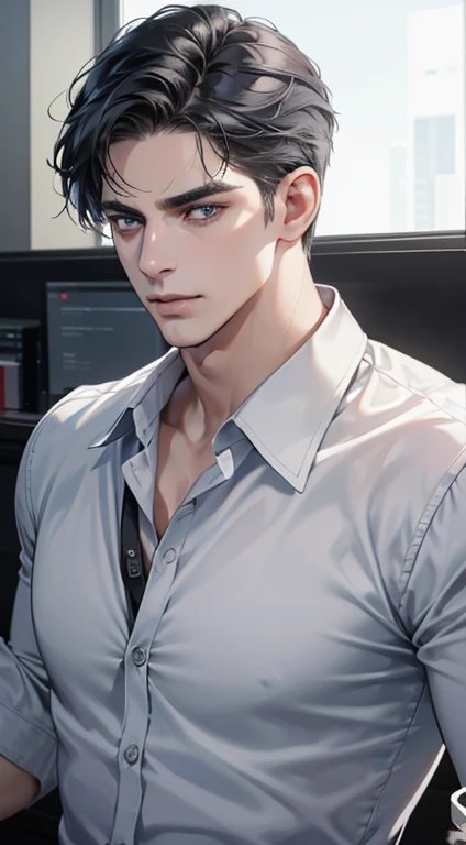 (best quality, masterpiece, 8K, photorealistic, cinematic lighting, hdr image, ultra detailed, beautiful image), 1 man, 31 years old, mature man, very handsome, (without expression, serious), short black hair, blue grey eyes ( penetrating gaze), perfect face without errors, imposing posture, without errors, businessman, office background