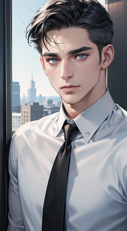(best quality, masterpiece, 8K, photorealistic, cinematic lighting, hdr image, ultra detailed, beautiful image), 1 man, 31 years old, mature man, very handsome, (without expression, serious), short black hair, blue grey eyes ( penetrating gaze), perfect face without errors, imposing posture, without errors, businessman, office background