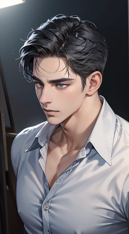 (best quality, masterpiece, 8K, photorealistic, cinematic lighting, hdr image, ultra detailed, beautiful image), 1 man, 31 years old, mature man, very handsome, (without expression, serious), short black hair, blue grey eyes ( penetrating gaze), perfect face without errors, imposing posture, without errors, businessman, office background