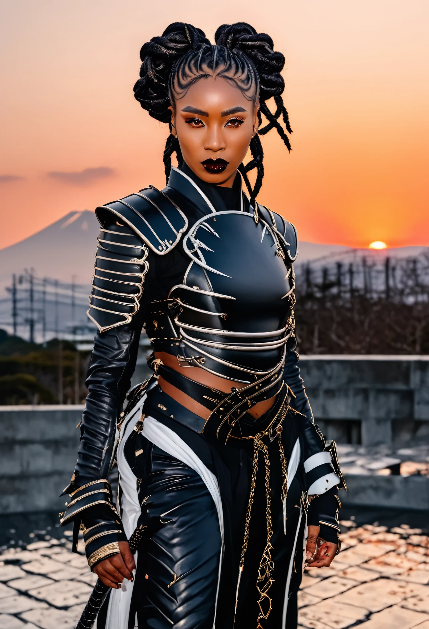 Create the image of a black samurai woman, with braided dreadlocks, modern hair posing in Japan with a beautiful sunset and covered in blood in white gold and silver , with full body view
