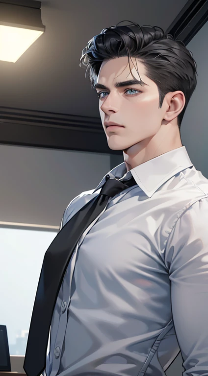 (best quality, masterpiece, 8K, photorealistic, cinematic lighting, hdr image, ultra detailed, beautiful image), 1 man, 31 years old, mature man, very handsome, (without expression, serious), short black hair, blue grey eyes ( penetrating gaze), perfect face without errors, imposing posture, without errors, businessman, office background