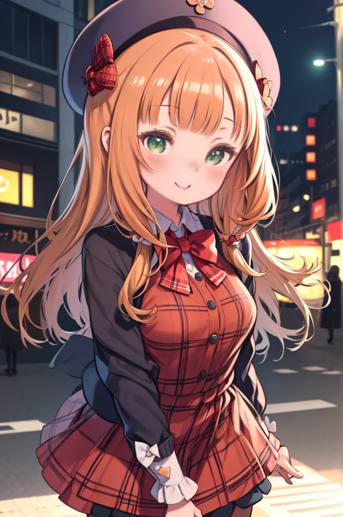 Very detailed, Absurd, Ultra-high resolution, Super detailed, highest quality, One girl, alone, Nice hands, Perfect hands, break (Vintage style beret with flower pin:1.3), (navy and red plaid dress:1.5), (Gold buttons on the front:1.2), (Ivory blouse with ruffle details and red bow tie:1.4), (Peach cable knit cardigan:1.3), (black tights:1.1), (red mary jane shoes:1.2) break happy smile, smile, Mouth closed, Are standing, 45 degrees, cuteポーズ, Cowboy Shot, break slender, cute, Perfectly symmetrical face, 超cute girl, 超cute face, Very detailed目, Super detailedな髪, 超cute, Super beautiful, break in harajuku, Shibuya Ward, Tokyo, street, crowd, Cityscape, break medium breasts, (Orange medium hair, Green Eyes), Hime cut