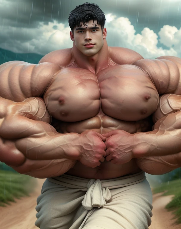 1 asian boy, handsome, giant, buzz black haircut, model shoot style, looking at camera, walking, outdoor, in the large village dirt road, strong body, bulk, shirtless, , wear white simple loincloth, bulge, big, brutalmass, giant, muscular body, bulk, massive body, large meaty body size, brown veiny skin, big arms, ballooning meaty pecs, big thighs. wet, rain, UHD, Realistic, intricate detail