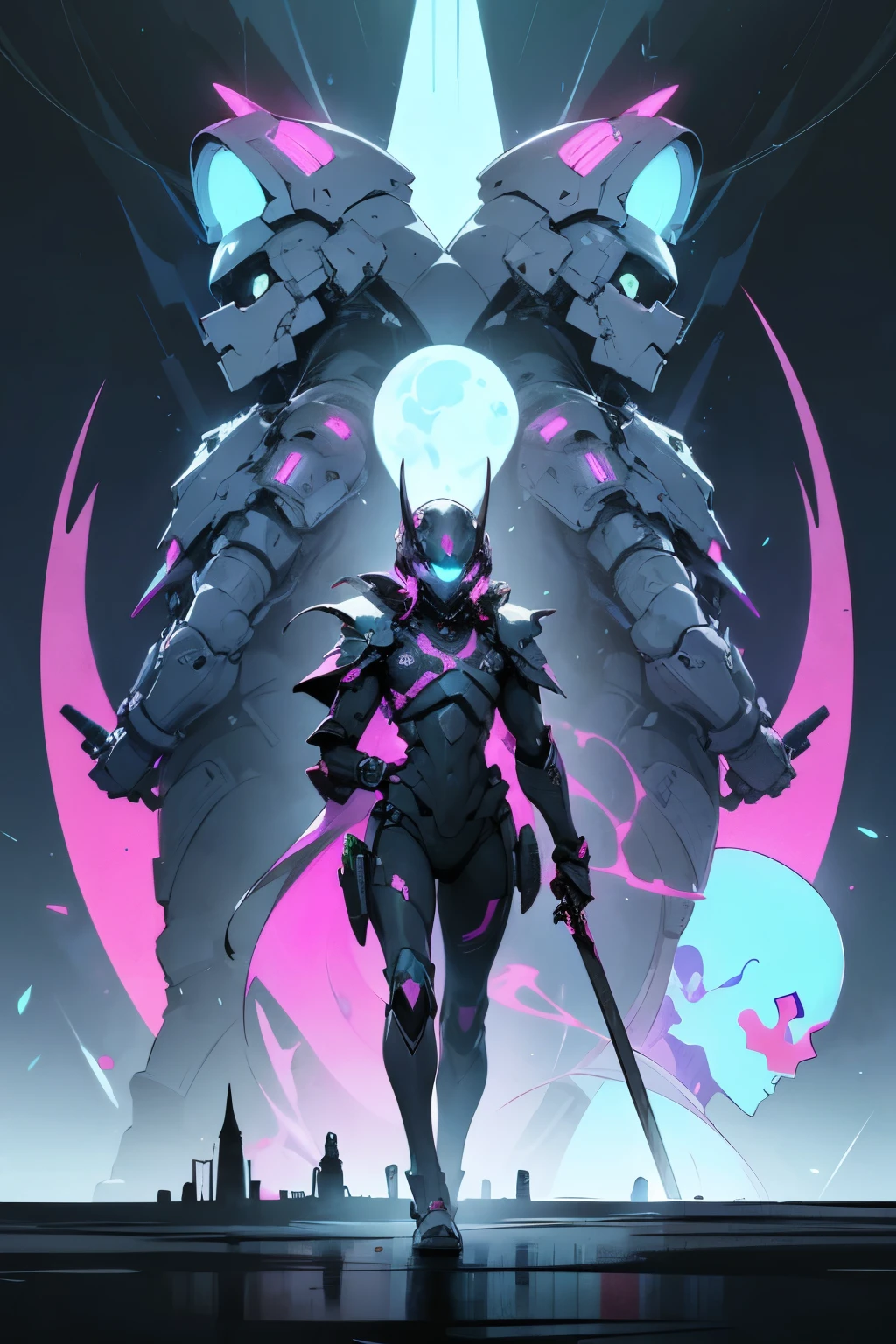 A new species of living beings, from a far away planet, face like skull, with futuristic armour, and sword, neon colours, background with futuristic buildings