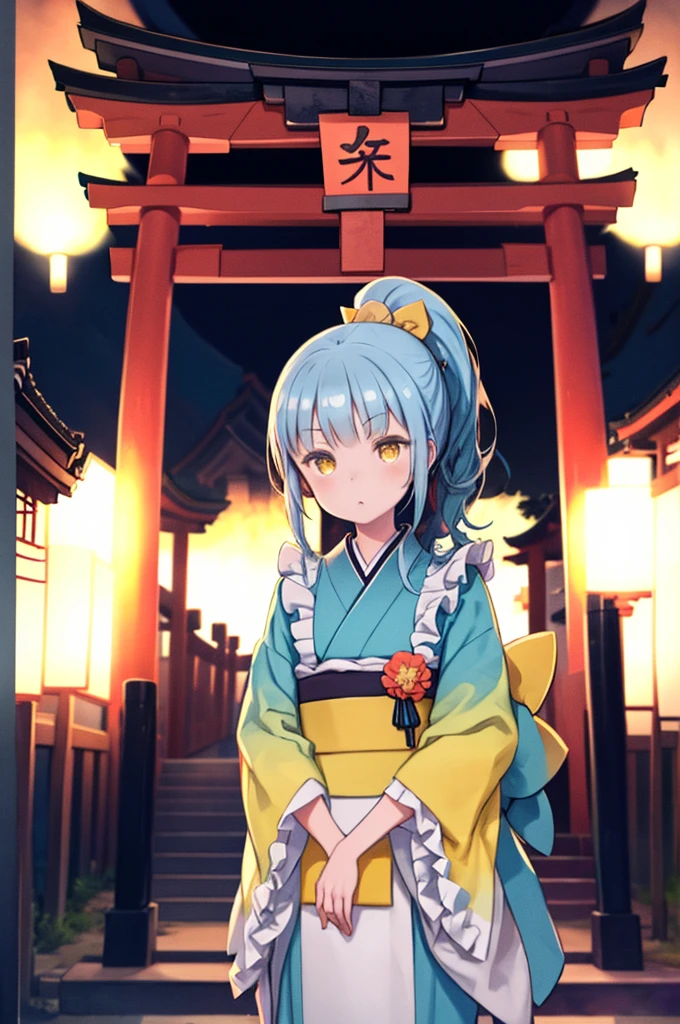 With a girl、ghost、Blue Hair、ponytail、Fox face、Kimono dress、Frills、Ribbon Band、masterpiece、highest quality、Best image quality、cute、Yellow Eyes、paper lanthanums、(((night)))、torii、shrine、lanthanum