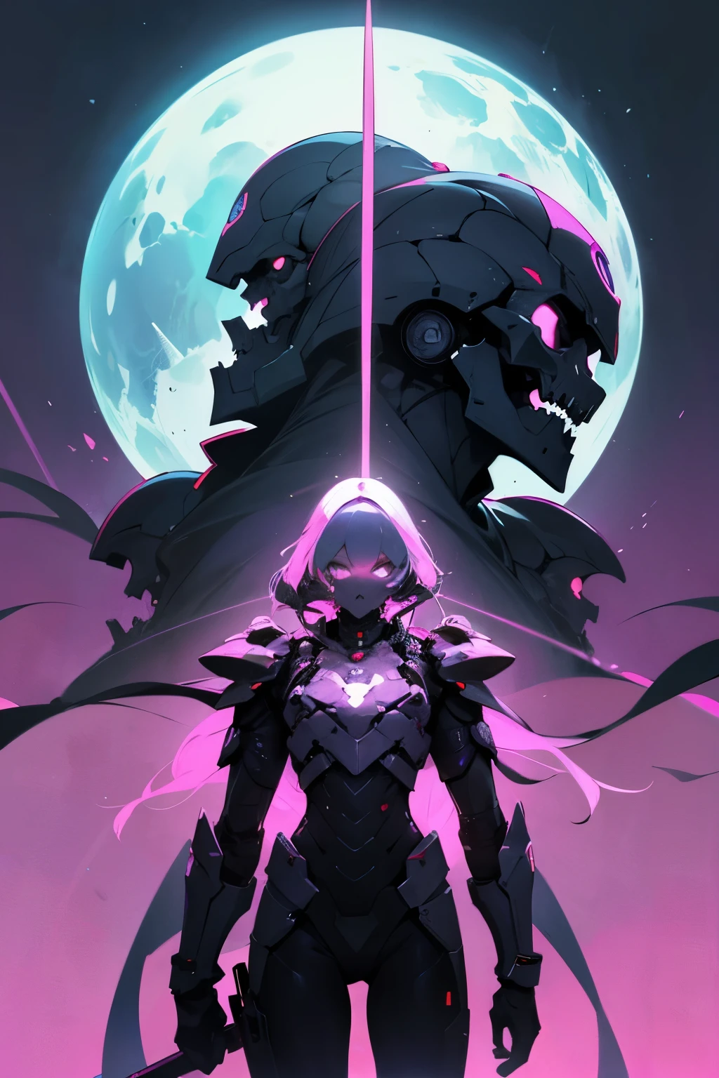 A new species of living beings, from a far away planet, face like skull, with futuristic armour, and sword, neon colours, background with futuristic buildings