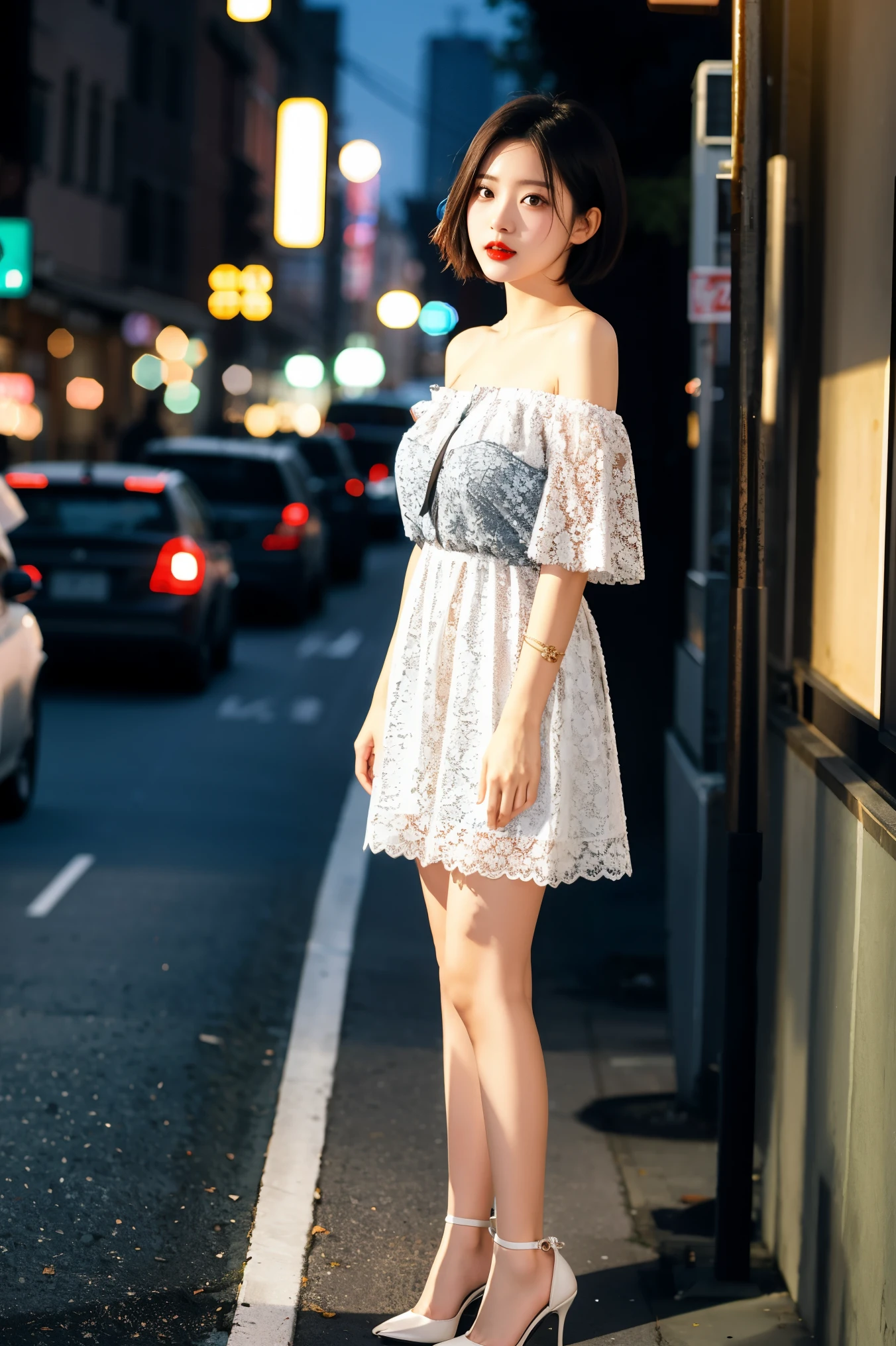 1 Girl,pretty girl,short hair,Black Hair,Straight Hair,Bright Eyes,Red lips,Light off-shoulder suspender dress,White lace edge,whole body,Standing on the city street,Depth of Field,real,Ultra-clear,Ultra Detail,Best quality,masterpiece