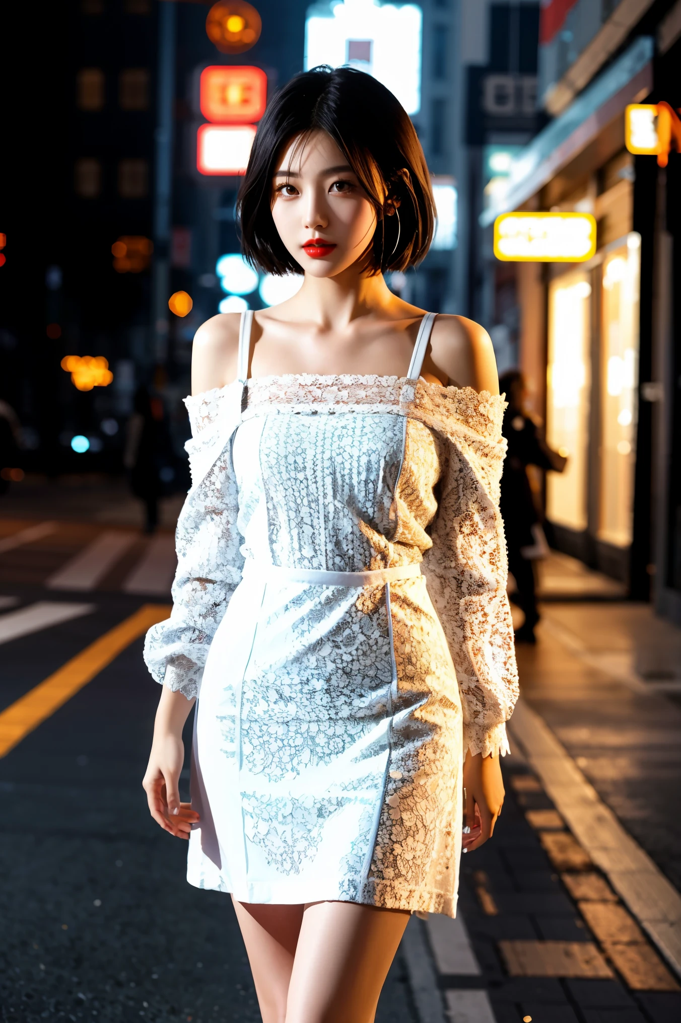 1 Girl，pretty girl，short hair，Black Hair，Straight Hair，Bright Eyes，Red lips，Light off-shoulder suspender dress，White lace edge，whole body，Standing on the city street，Depth of Field，real，Ultra-clear，Ultra Detail，Best quality，masterpiece
