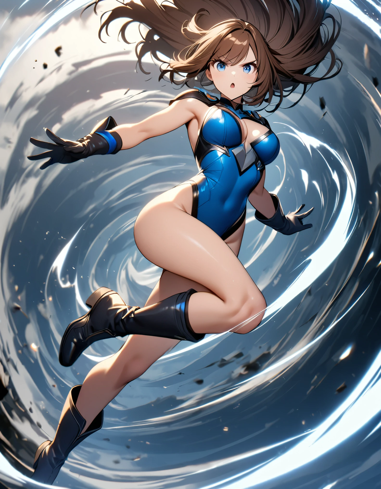 1girl, solo, solo focus, female superhero, medium breasts, leotard, red and blue leotard, bare legs, boots, matching boots, gloves, matching gloves, brown hair, blue-grey eyes, full body. (legs straight). (she spins) at an (incredible speed), creating a whirlwind of air around her. curved sword smash. ((she spins)) into a ((tornado)).