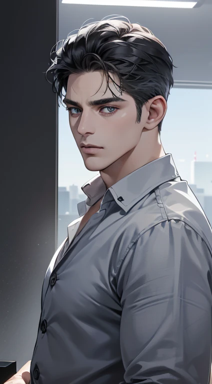 (best quality, masterpiece, 8K, photorealistic, cinematic lighting, hdr image, ultra detailed, beautiful image), 1 man, 31 years old, mature man, very handsome, (without expression, serious), short black hair, blue grey eyes ( penetrating gaze), perfect face without errors, imposing posture, without errors, businessman, office background
