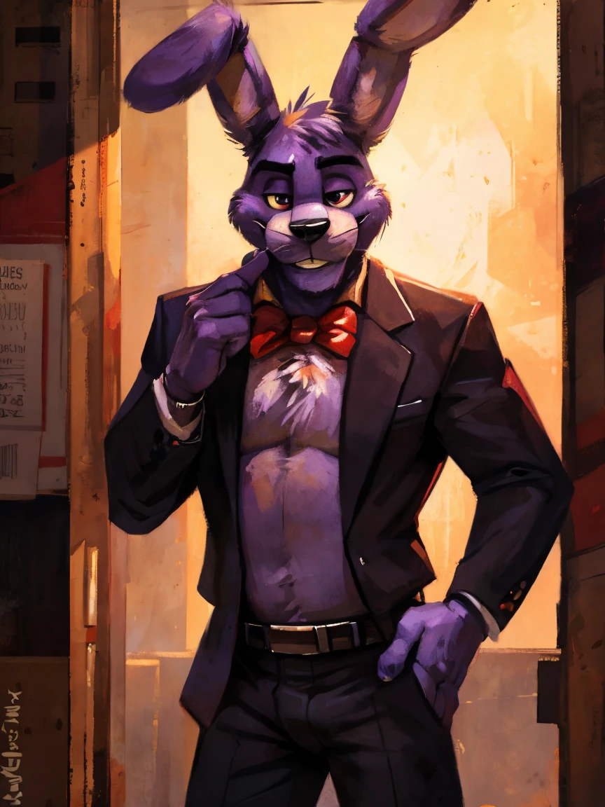 Purple rabbit from FNaF 1, Bonnie, Bonnie Rabbit, solo, male, purple rabbit, perfect nose, rabbit ears, long ears, male face, handsome, attractive, standing, red dress shirt, dark red, wine red color, black pants, black belt, formal clothes, posing, waist, hand on waist, Five Nights at Freddy's, By mystikfox61, by kenket 