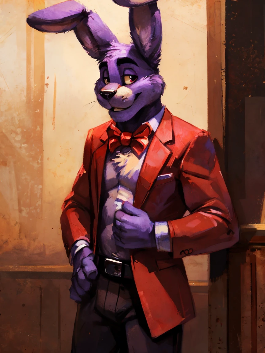 Purple rabbit from FNaF 1, Bonnie, Bonnie Rabbit, solo, male, purple rabbit, perfect nose, rabbit ears, long ears, male face, handsome, attractive, standing, red dress shirt, dark red, wine red color, black pants, black belt, formal clothes, posing, waist, hand on waist, Five Nights at Freddy's, By mystikfox61, by kenket 