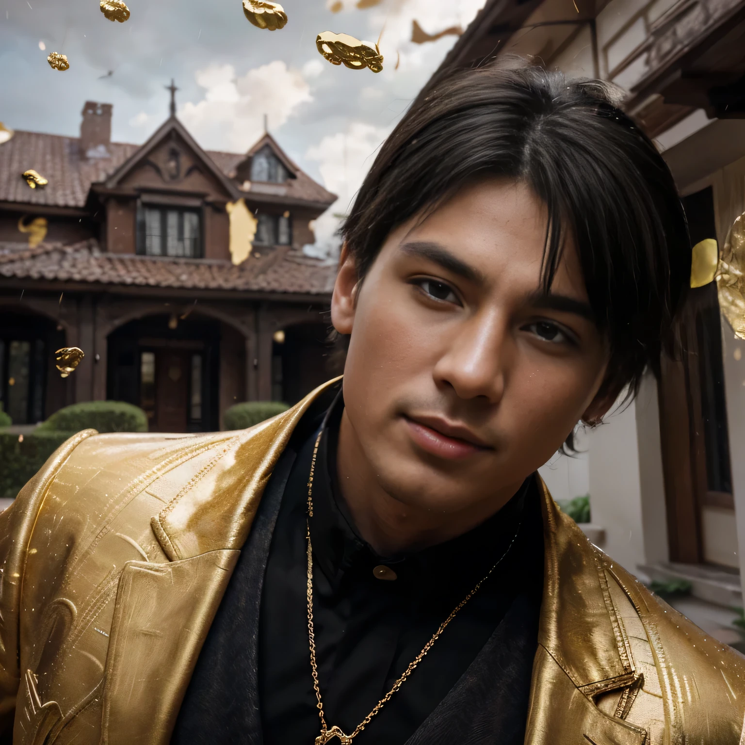 a man in front of a mansion full of gold coins falling from the sky, ultra detailed image, realism, 8k, hyper detailed skin, intense and vivid colors.
