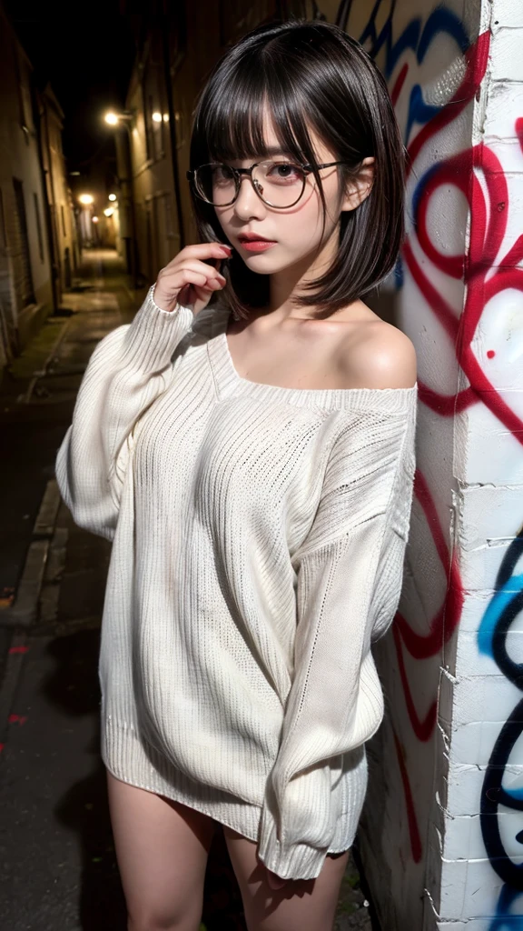 raw photo, 8k, (top-quality), Realistic, (real picture, Intricate details), (natural skin texture, detailed skin, hyper realism, sharpness), (glasses Japanese teenage girl standing in a dirty back alley at night, graffitied wall:1.3), ((white hand-knitted long sweater, v-neck sweater)), (pale skin:1.2), perfect body shape), ((bob hair, blunt bangs)), (glasses seductive face, provocative look, Parted lips:1.3, eye shadow, eyeliner, tear bag:1.2, red lipstick), graffiti:1.5, night time, spot lighting:1.3, upper body shot