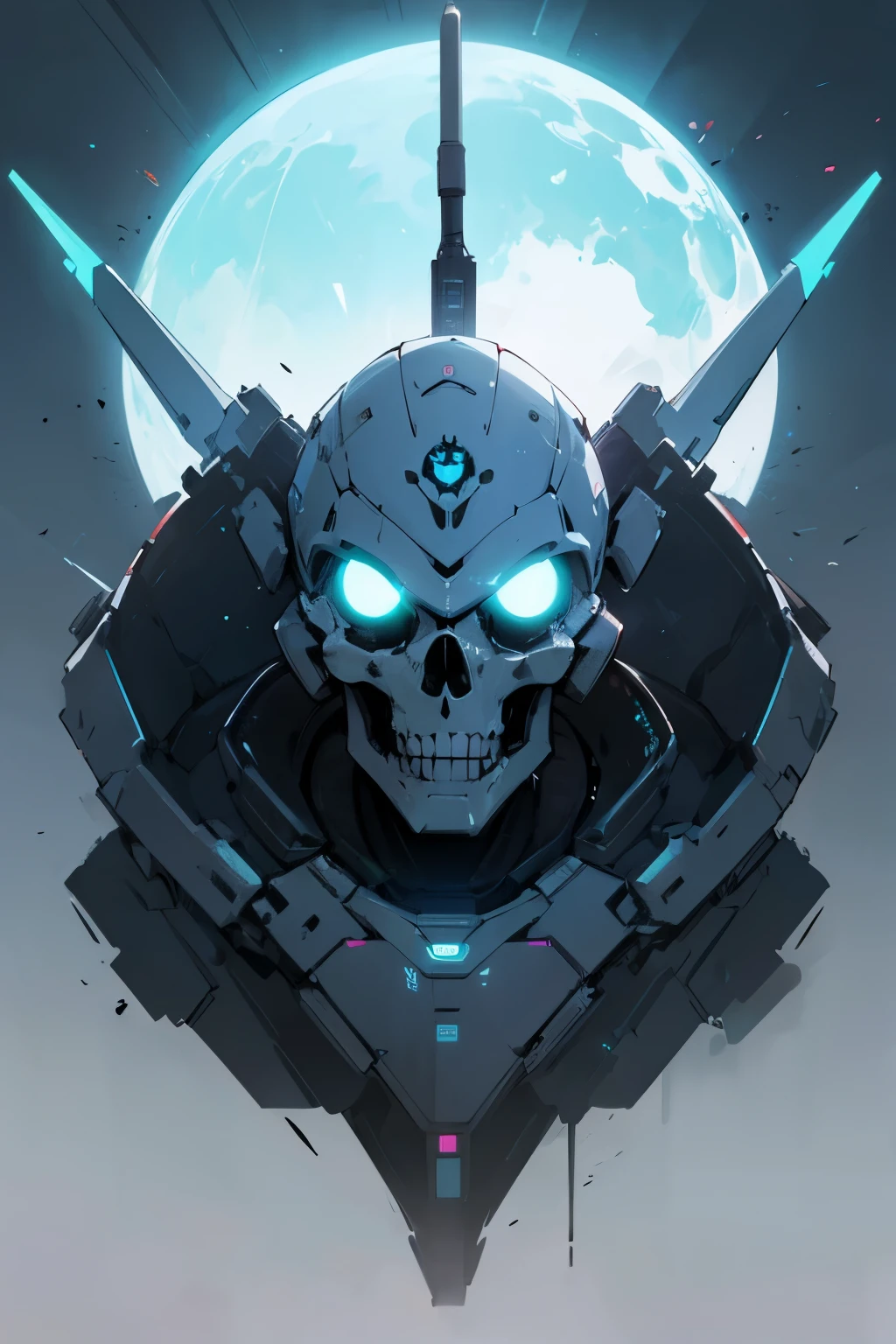 A new living being, from a far away planet, face like skull, with futuristic armour, and sword, neon colours, background with futuristic buildings