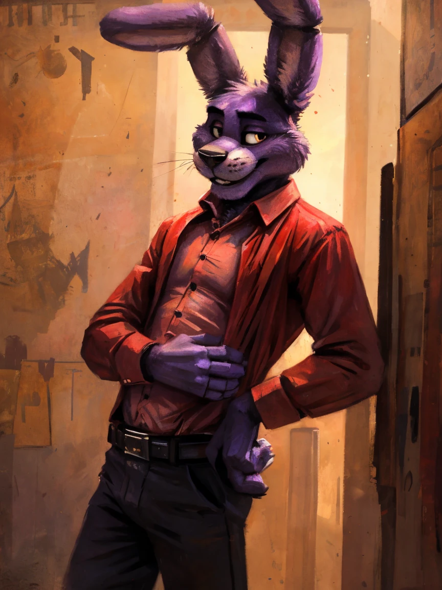 Purple rabbit from FNaF 1, Bonnie, Bonnie Rabbit, solo, male, purple rabbit, perfect nose, rabbit ears, long ears, male face, handsome, attractive, standing, red dress shirt, dark red, wine red color, black pants, black belt, formal clothes, posing, waist, hand on waist, Five Nights at Freddy's, By kenket 