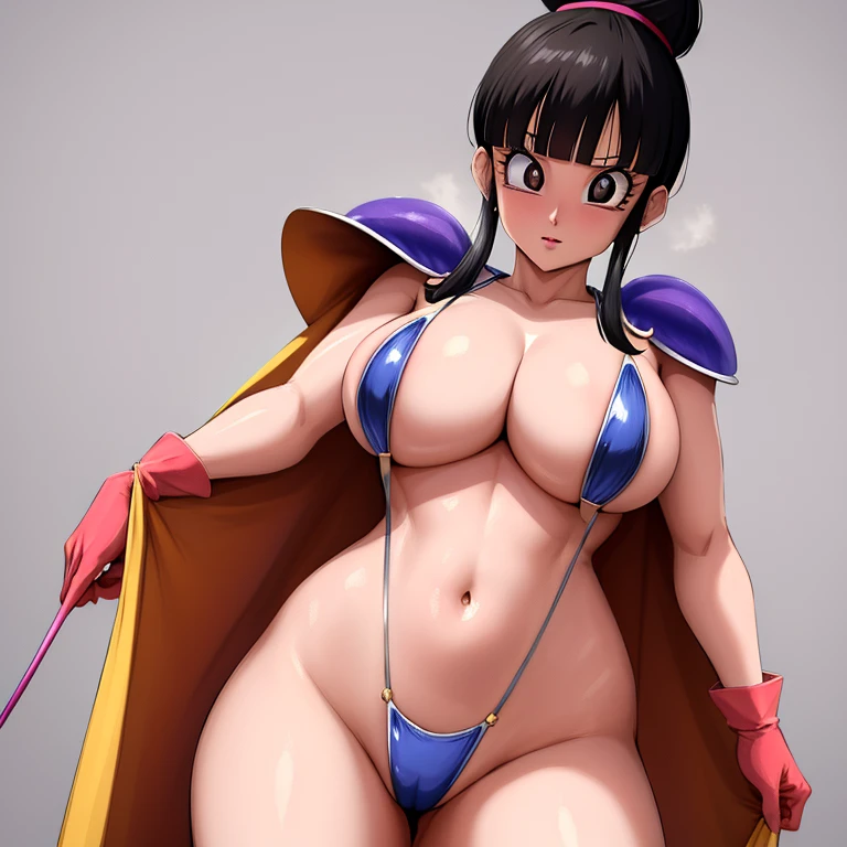 Super detailed face, Super detailed body, seductive body, chichi_dbz, standing, solo, large_breasts, Chichi_Bikini_Armor, masterpiece, best quality, detailed face, detailed eyes, highres, Slingshot , perfect eye