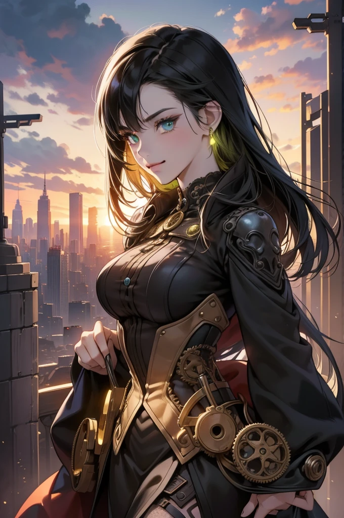 (Ultra-detailed, highly intricate) - A captivating cover featuring a steampunk android woman, adorned with gears and intricate mechanics, her cyborg face displaying a mysterious smile. Her eyes, a vibrant neon green, gleam with an otherworldly allure.
(8K, High Dynamic Range, best quality) - The masterpiece cover boasts a panoramic view of a sprawling futuristic city, set against the backdrop of a setting sun. The city's towering skyscrapers, illuminated by neon lights, create a stunning contrast against the darkening sky.
(Pin Light, cinematic