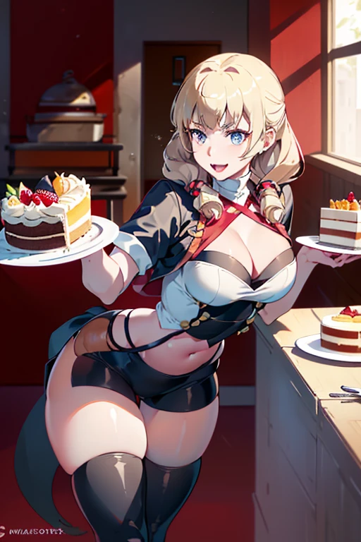 (dynamic angle:1.3, front view:1.1, breast focus:1.3, from above:1.1), (dynamic posing:1.2, sexy posing:1.2), (seductive smiling:1.3), ((looking at cake,Taking a cake out of the gold oven, worried about the outcome:1.2)),highest quality、(real、photorealistic:1.4),(ultra high resolution, 8K RAW photo, clear focus), best qualtiy, natural lighting, field depth, (Bright pupils, detailed beautiful eyes, high detailed face), Red lip, (tight focus:1.2), a girl 22yo old, Wearing a pastry chef uniform:1.3 , Thicc, thin breast, long hair, blue eyes,garter stocking, cleavage:1.2, midriff, black shorts, black thighhighs, thigh strap, pretty girl, (highly detailed beautiful face and eyes,firm breasts),real skin,((black,hair,long pony tail hair)),thin pubic hair,cute,lovely, detailed eyes,(double breasted:1.0,under bust:1.0),(with sparkling eyes and a contagious smile),open mouth, Looking at Viewer,A scene of cooking in the kitchen,looking at the gold oven
