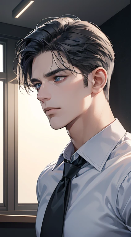 (best quality, masterpiece, 8K, photorealistic, cinematic lighting, hdr image, ultra detailed, beautiful image), 1 man, 31 years old, mature man, very handsome, (without expression, serious), short black hair, blue grey eyes ( penetrating gaze), perfect face without errors, imposing posture, without errors, businessman, office background