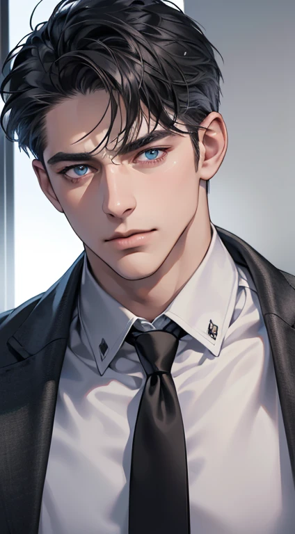 (best quality, masterpiece, 8K, photorealistic, cinematic lighting, hdr image, ultra detailed, beautiful image), 1 man, 31 years old, mature man, very handsome, (without expression, serious), short black hair, blue grey eyes ( penetrating gaze), perfect face without errors, imposing posture, without errors, businessman, office background