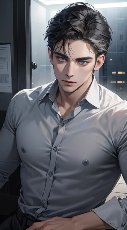 (best quality, masterpiece, 8K, photorealistic, cinematic lighting, hdr image, ultra detailed, beautiful image), 1 man, 31 years old, mature man, very handsome, (without expression, serious), short black hair, blue grey eyes ( penetrating gaze), perfect face without errors, imposing posture, without errors, businessman, office background