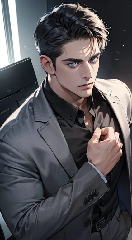 (best quality, masterpiece, 8K, photorealistic, cinematic lighting, hdr image, ultra detailed, beautiful image), 1 man, 31 years old, mature man, very handsome, (without expression, serious), short black hair, blue grey eyes ( penetrating gaze), perfect face without errors, imposing posture, without errors, businessman, office background