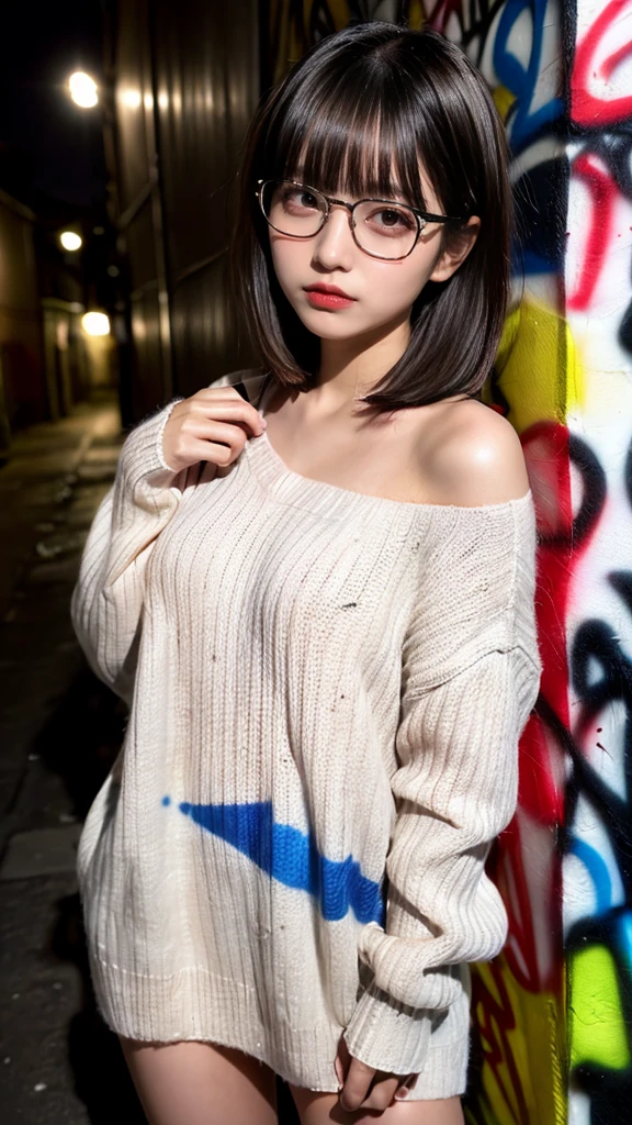 raw photo, 8k, (top-quality), Realistic, (real picture, Intricate details), (natural skin texture, detailed skin, hyper realism, sharpness), (glasses Japanese girl standing in a dirty back alley at night, graffitied wall:1.3), ((white hand-knitted long sweater, v-neck sweater)), (pale skin:1.2), perfect body shape), ((bob hair, blunt bangs)), (glasses seductive face, provocative look, Parted lips:1.3, eye shadow, eyeliner, tear bag:1.2, red lipstick), graffiti:1.5, night time, spot lighting:1.3, upper body shot