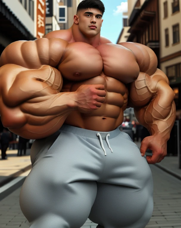 1 boy, handsome, giant, buzz black haircut, model shoot style, looking at camera, action pose, outdoor, in the large city street, strong body, bulk, shirtless, wear white boxers, bulge, big, brutalmass, giant, muscular body, bulk, massive body, large meaty body size, brown veiny skin, big arms, ballooning meaty pecs, big butt. wet, UHD, Realistic, intricate detail