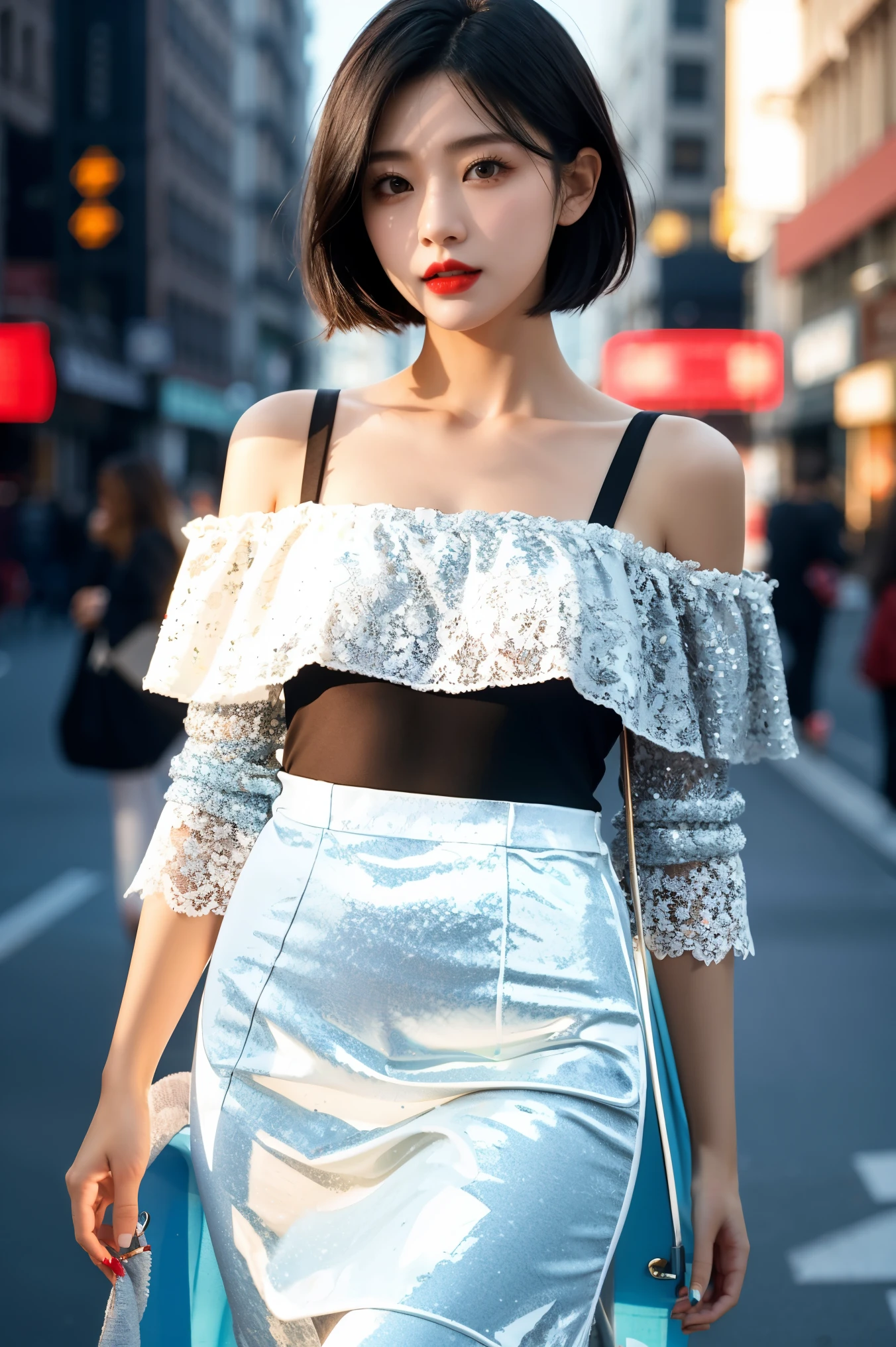 1 Girl，pretty girl，short hair，Black Hair，Straight Hair，Bright Eyes，Red lips，Light off-shoulder suspender dress，White lace edge，whole body，Standing on the city street，Depth of Field，real，Ultra-clear，Ultra Detail，Best quality，masterpiece