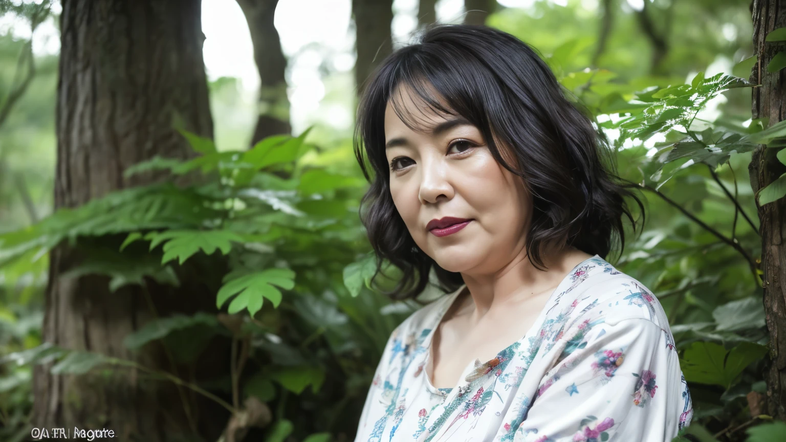((highest quality、8k、masterpiece:1.3))、Photorealistic, Sharp focus, high resolution, High resolution, Portraiture, alone, Japanese, Middle-aged women, Beautiful woman, 55 years old, Voluptuous figure, Wavy Hair, No sleeve, Wrinkles around the eyes, Fluttering skirt,In the woods