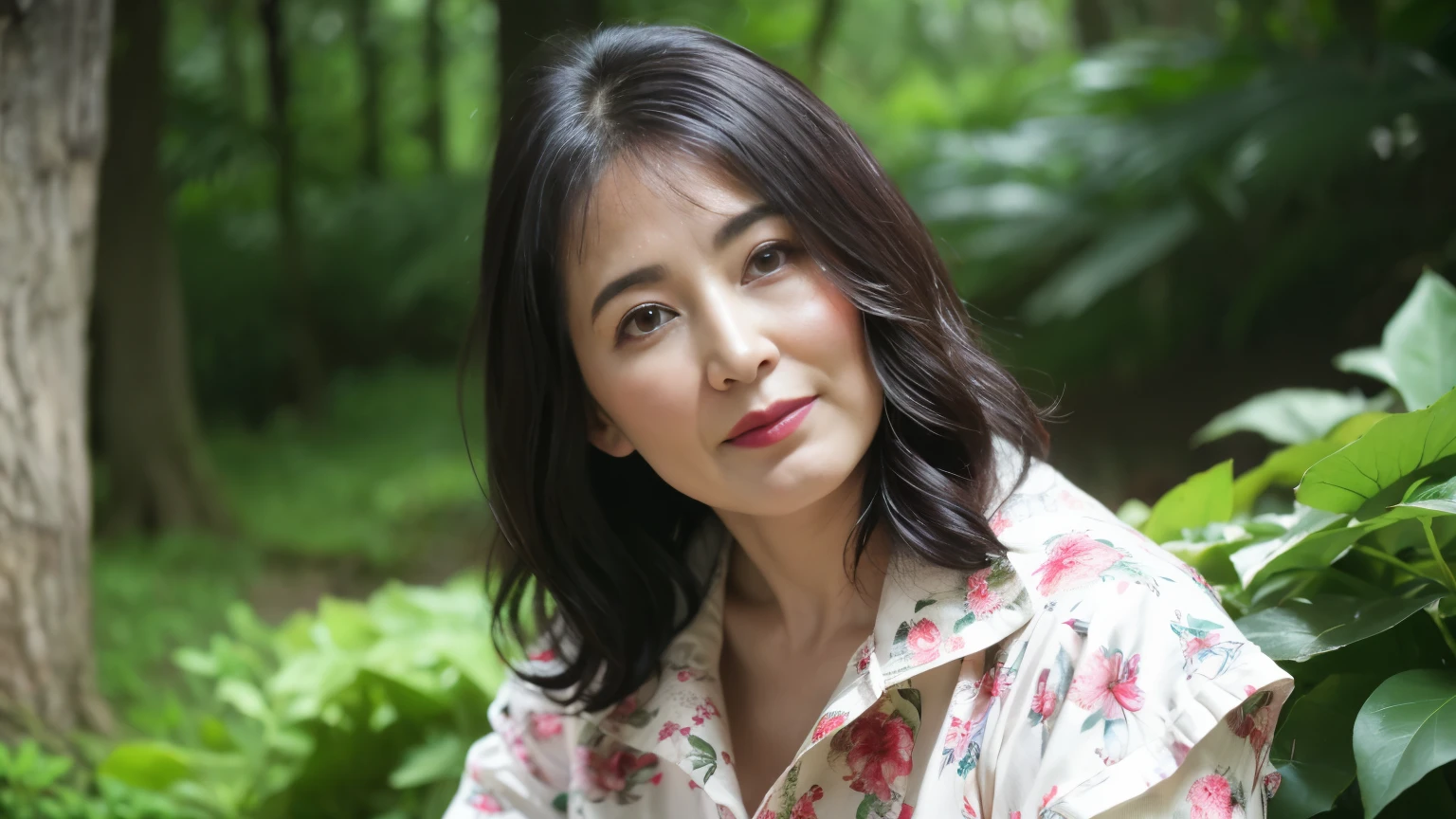 ((highest quality、8k、masterpiece:1.3))、Photorealistic, Sharp focus, high resolution, High resolution, Portraiture, alone, Japanese, Middle-aged women, Beautiful woman, 55 years old, Voluptuous figure, Wavy Hair, No sleeve, Wrinkles around the eyes, Fluttering skirt,In the woods
