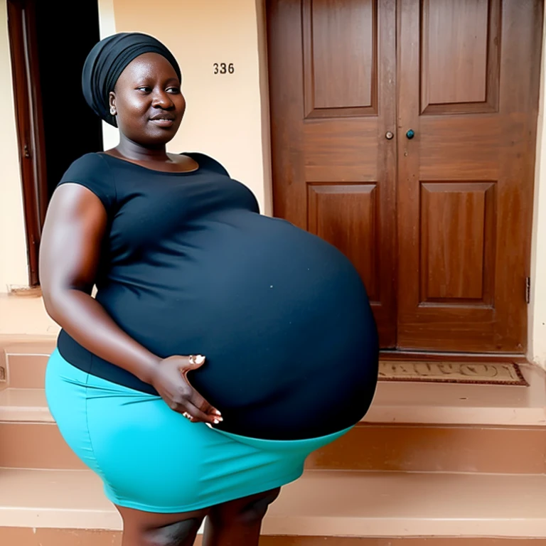 Extremely Hyperpregnant Ugandan woman with huge belly wearing a dress